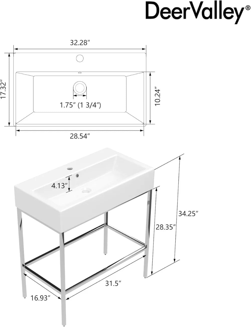 Bathroom Console Sink 32"x17" Free Standing 34 Inch Sink for Bathroom, White Vessel Ceramic Vanity Basin Modern Rectangular