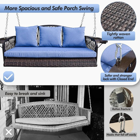 Wicker Porch Swing Heavy Duty 900 LBS 3-Seat Outdoor Patio Swing Chair with Cushions & 8.9ft Chains Outdoor Hanging Bench with U