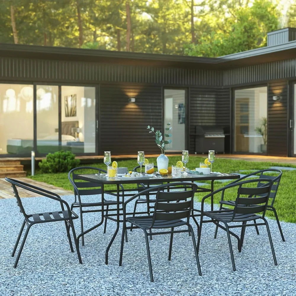 7-Piece Glass Patio Table and Chairs Set, with Rectangular Table and 6 Slat Back Patio Chairs, Outdoor Patio Dining Set