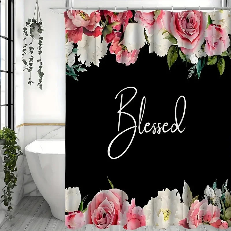 1pcs Flowers On A White Background Shower Curtain, Waterproof Shower Curtain With 12 Hooks, Bathroom Decor, Shower Curtain Sets