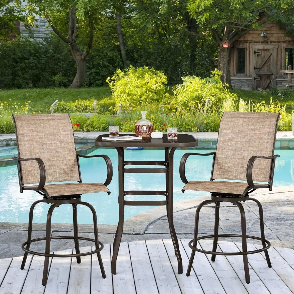 Patio Swivel Bar Stools Set of 2, All-Weather Outdoor High Bistro Stools for Outside, Beach, Lawn, Poolside and Garden, Brown