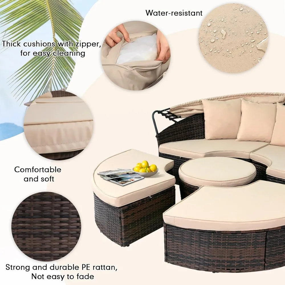Outdoor Patio Daybed with Retractable Canopy, Wicker Rattan Sectional Round Sofa Furniture Set, 5 Pieces Seating Separates Cushi