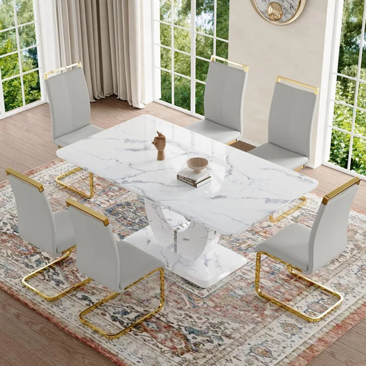 Dining Table Set 6,White Faux Marble Dining Room Table Set 6，63" Rectangle Kitchen Table Chairs Set of 6 Dining Kitchen Room