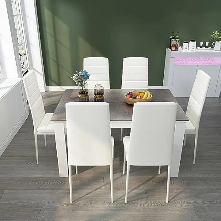 Dining Table and Chairs Set 6, 7 Pieces Kitchen Table Set with High Back Faux Leather Chair for Dining Room Kitchen Rectangular