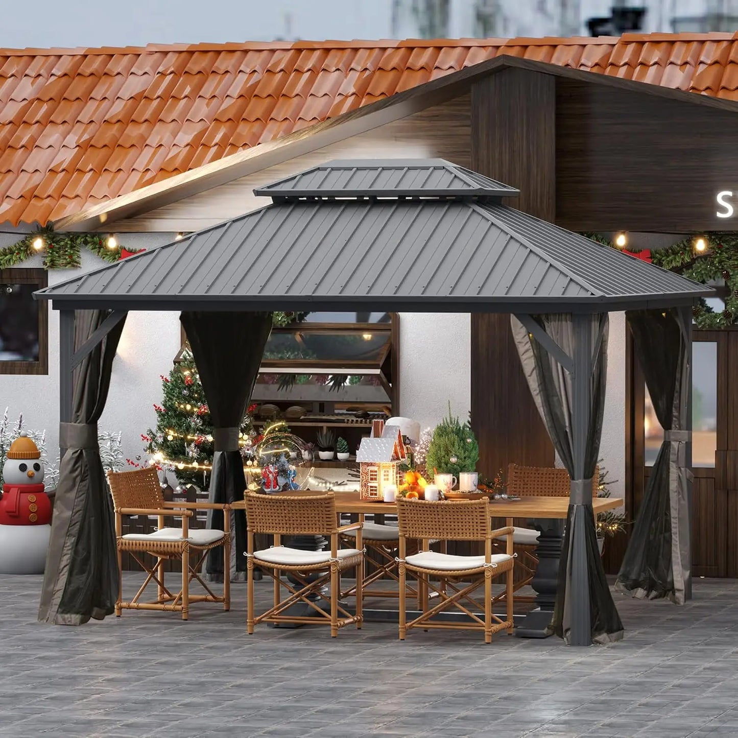 10' X 12' Hardtop Gazebo, Aluminum Metal Gazebo with Galvanized Steel Double Roof Canopy, Curtain and Netting, Backyard, Deck