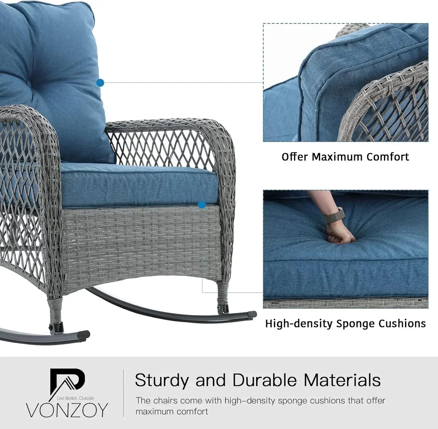 Patio Furniture Set 3 Pieces, Wicker Rocking Bistro Set with Thick Cushions, Outdoor Rocker Chairs and Coffee Table for Porch