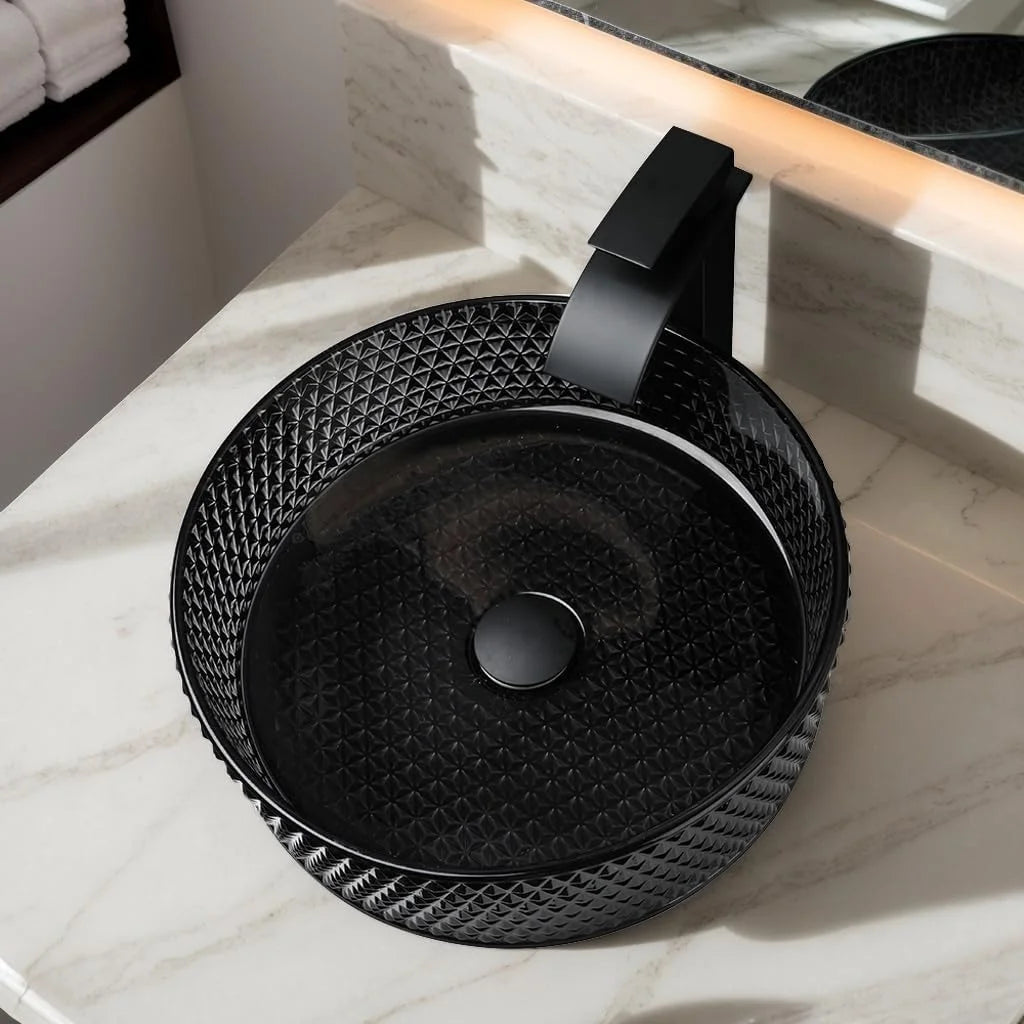 KEMAIDI Black Crystal Bathroom Vessel Sink with Faucet Tempered Glass Sink Above Counter Round Bathroom Sink Bowl Art Basin