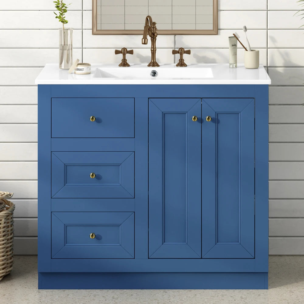 36inch Bathroom Vanity with Ceramic Sink, Bathroom Storage Cabinet with 2 Drawers&  Shelf, Solid Wood and MDF Board