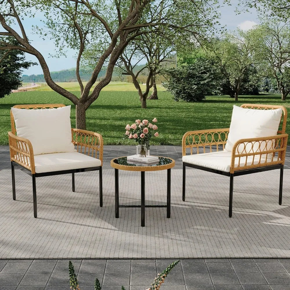 Wicker 3 Pieces Patio Bistro Sets with Glass Top Side Table and 2 Modern Rattan Chairs,for Backyard, Garden Furniture Set