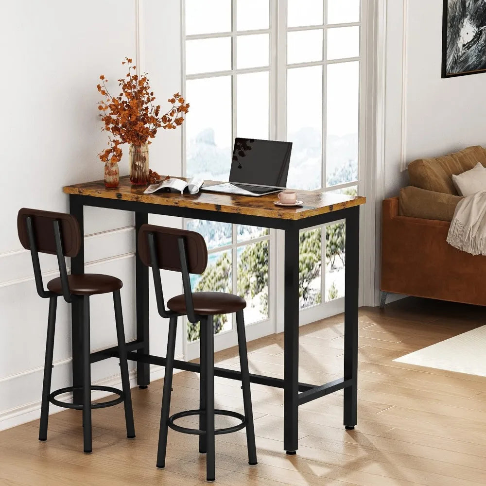 Bar Table Set of 2,39.3" Pub Height Table & 2 PU Upholstered Stools with Backrest,Industrial 3 Piece Breakfast Bar Table Sets,f