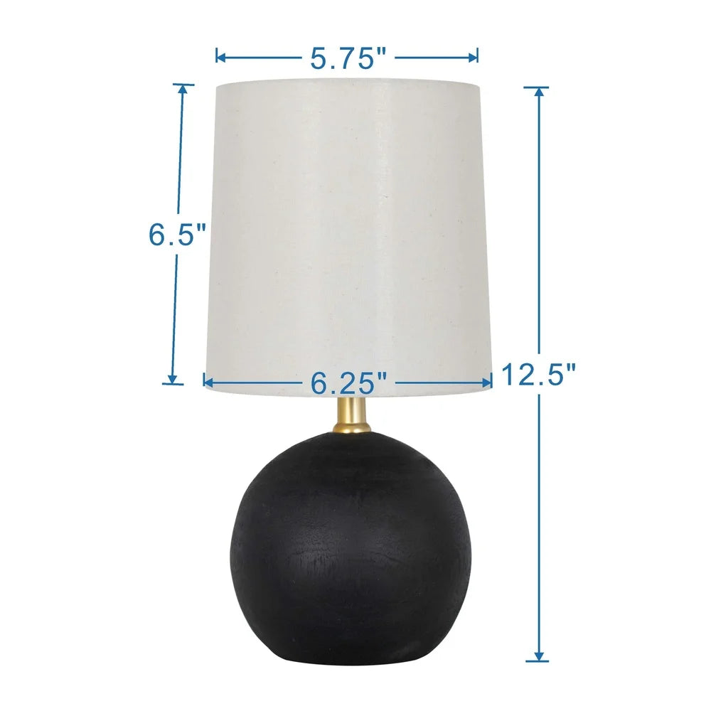 12.5 Inch Mini Black Wood Ball Table Lamp with White Fabric Shade Push Through Switch Home Office Bedroom Lighting