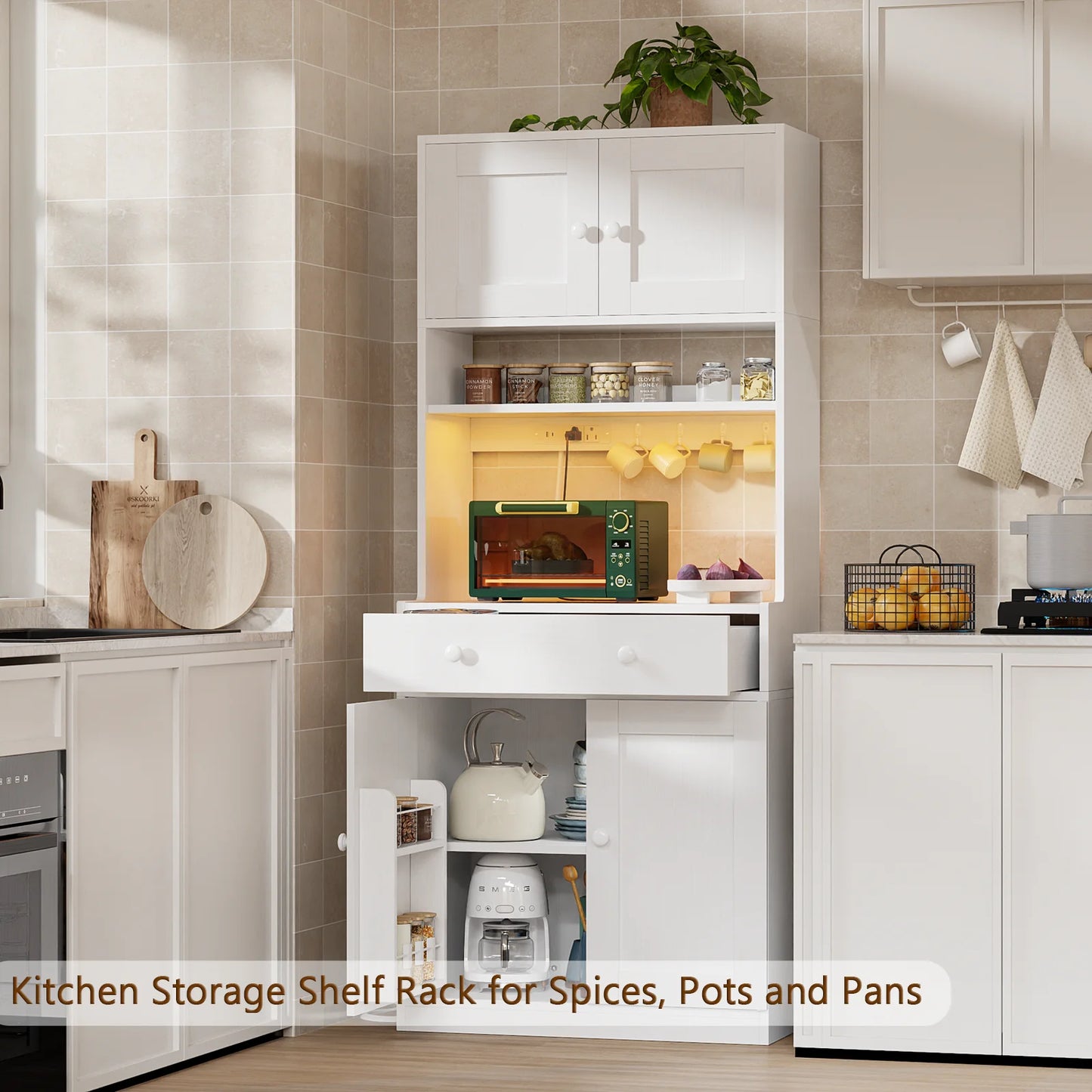 Satifur Tall 71 inch Kitchen Pantry Storage Cabinet with Doors, Drawer, Farmhouse Pantry Cabinet with Power Outlet & LED Light