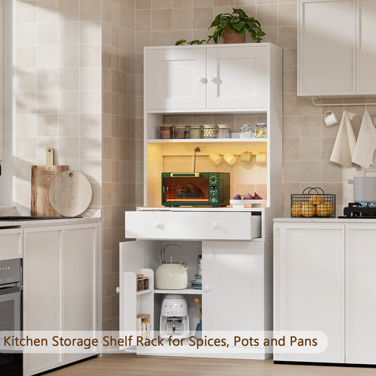 Satifur Tall 71 inch Kitchen Pantry Storage Cabinet with Doors, Drawer, Farmhouse Pantry Cabinet with Power Outlet & LED Light