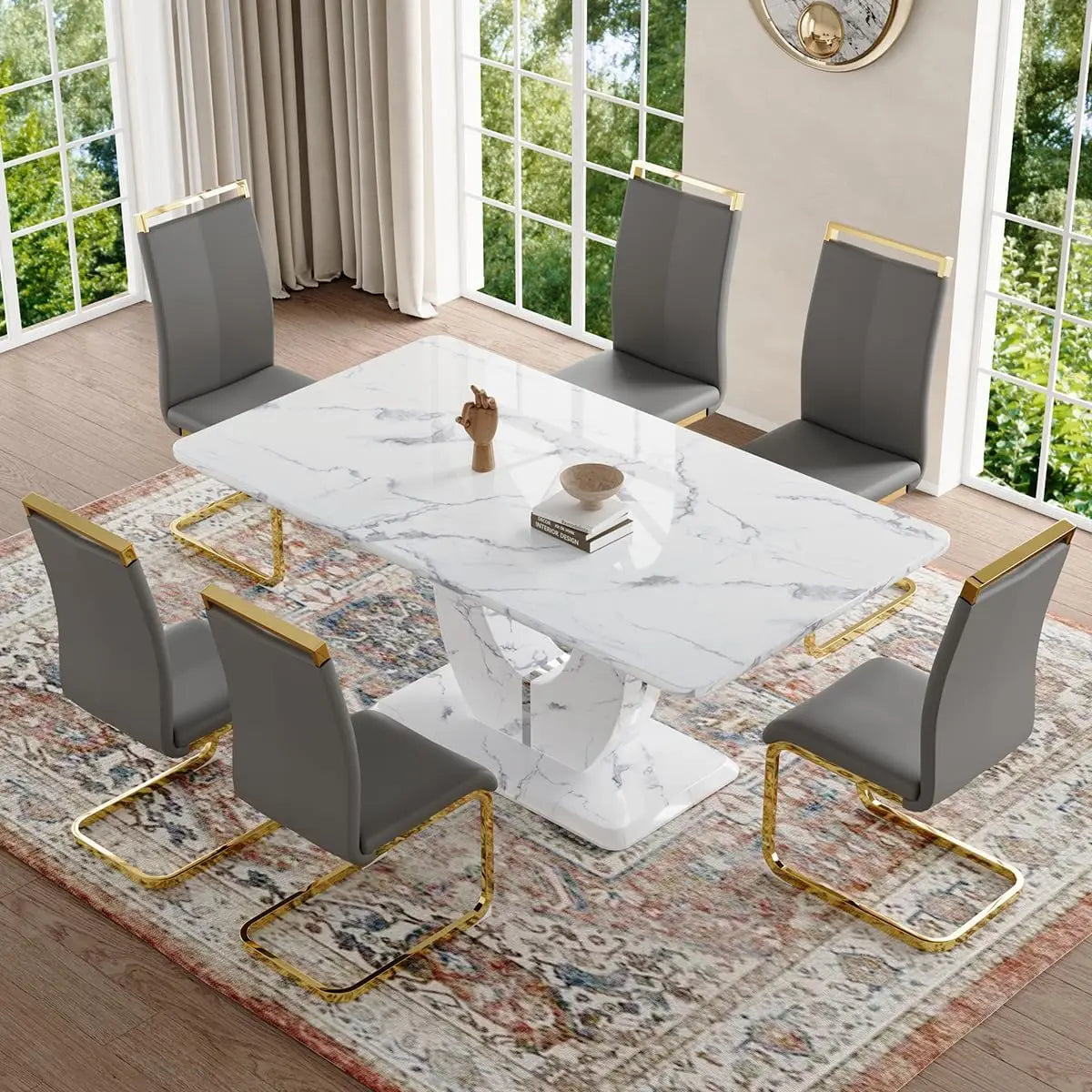 Dining Table Set 6,White Faux Marble Dining Room Table Set 6，63" Rectangle Kitchen Table Chairs Set of 6 Dining Kitchen Room