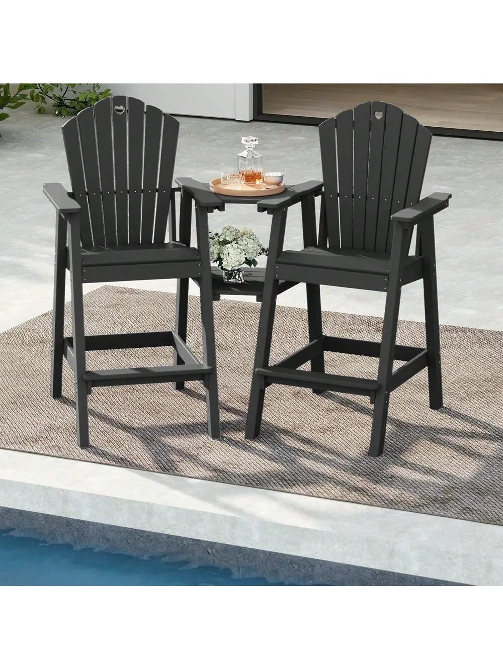 Tall Adirondack Chairs Set of 2 with 2-Layer Connecting Table, HDPE Bar Height Outdoor Table and Chairs with Umbrella Hole
