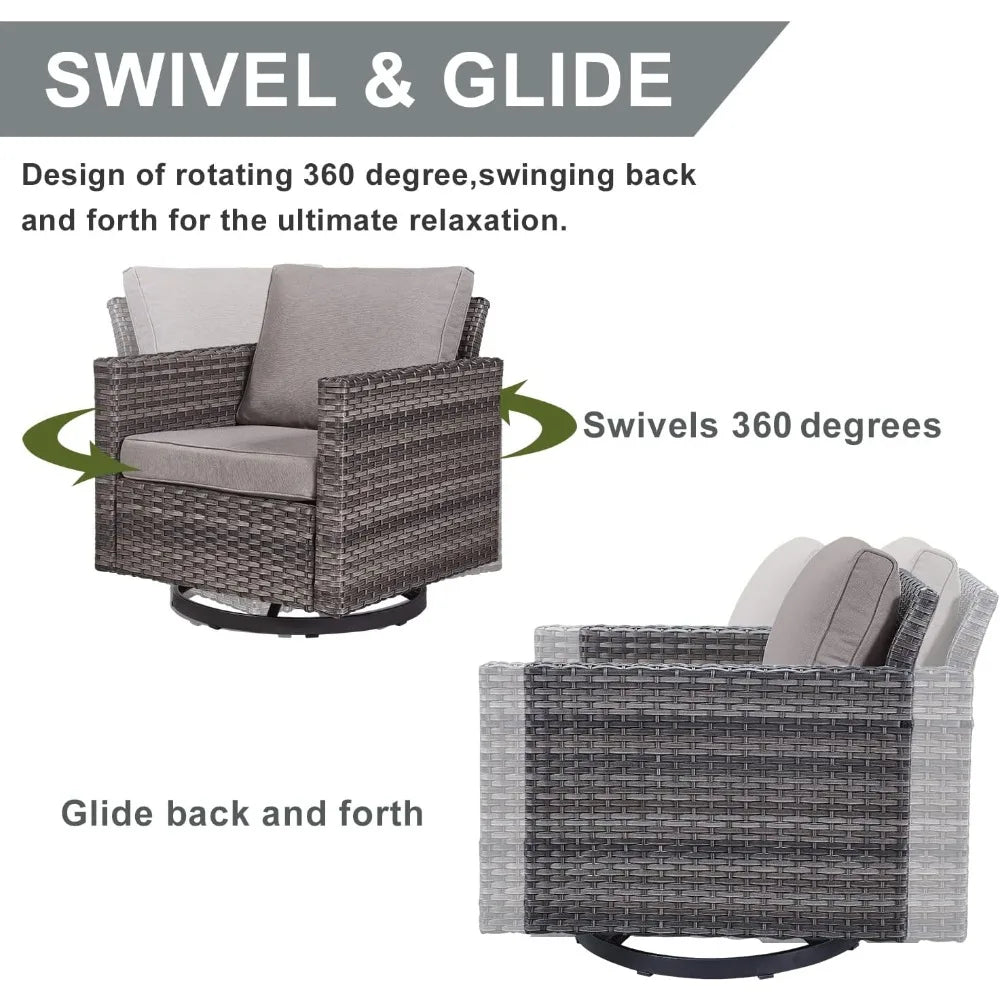 3-Piece Patio Swivel Chairs,PE Wicker Outdoor Rocking Chairs Bistro Set with Side Table Porch Balcony Furniture with Cushions