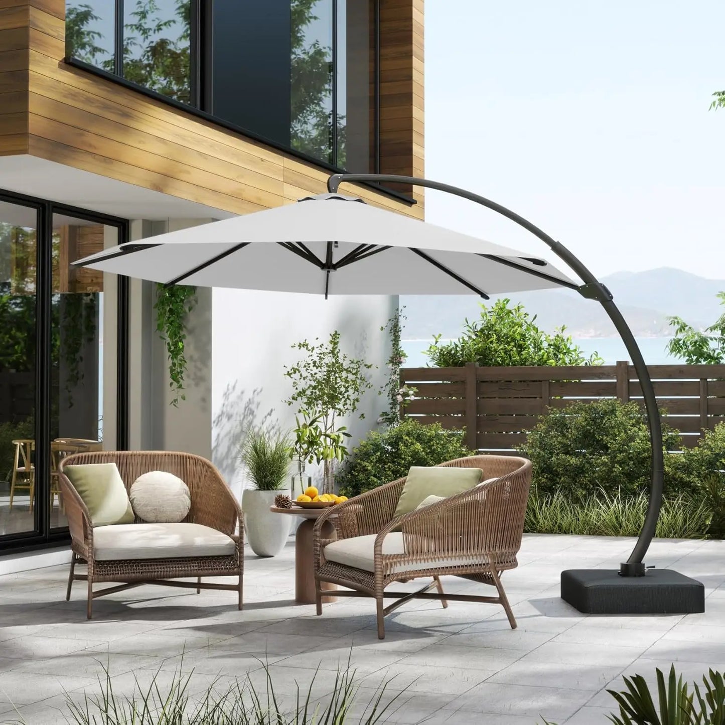 11FT Cantilever Umbrella with Base Large Curvy Outdoor Aluminum Offset Umbrella w/ 360° Rotation, UV Resistant Canopy for Patio