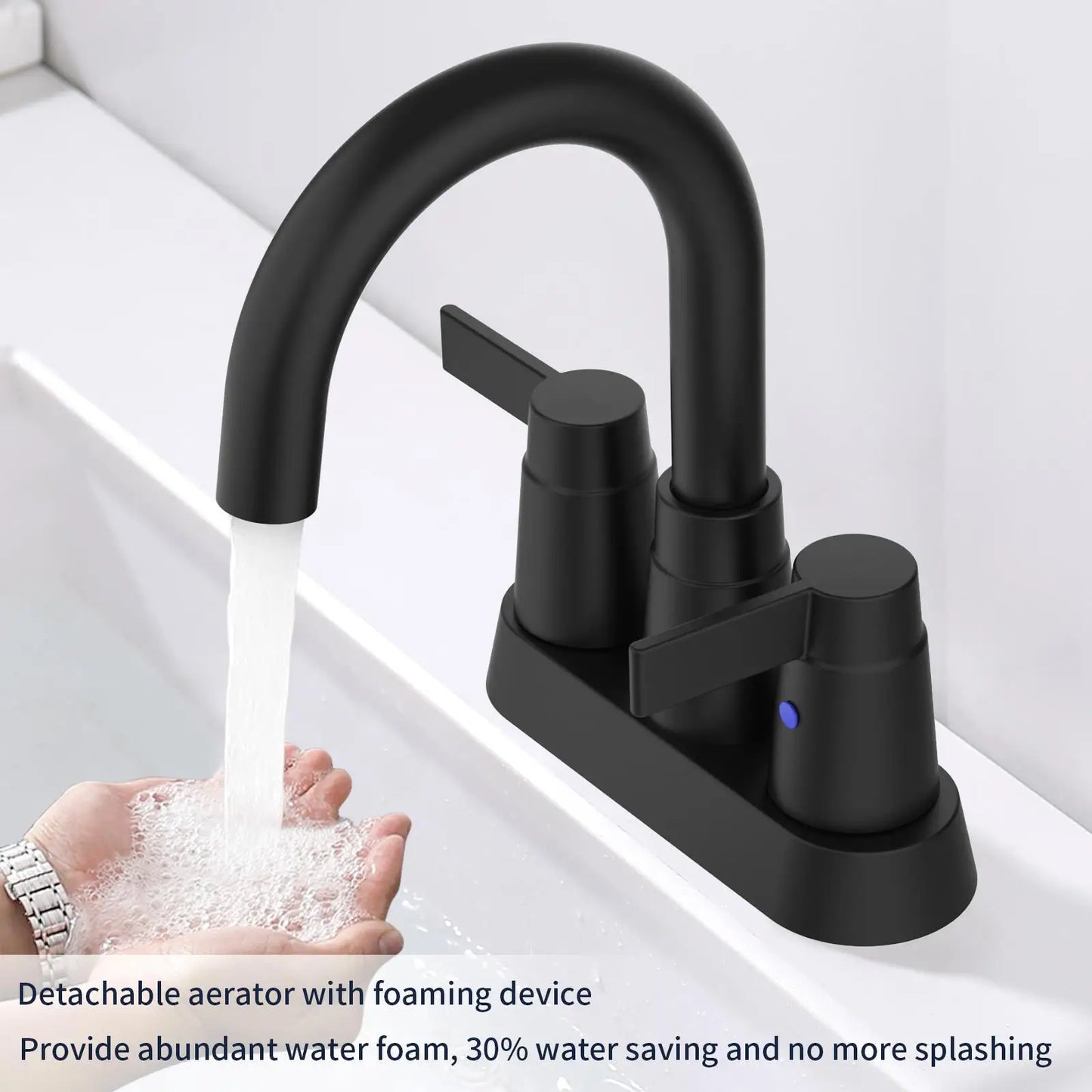 Matte Black 2-Handle Bathroom Faucet - 360° Swivel, Centerset 4-Inch Vanity Sink Fixture, 3 Holes Lavatory Mixer