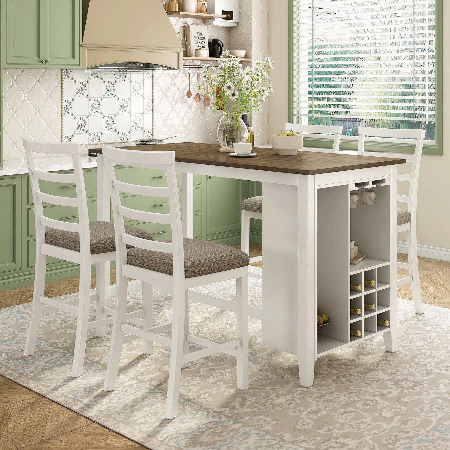 5-Pieces Dining Table Set With 4 Chairs 9 Bar Wine Compartment Wineglass Holders Wooden Rustic Set For Dining Room Kitchen