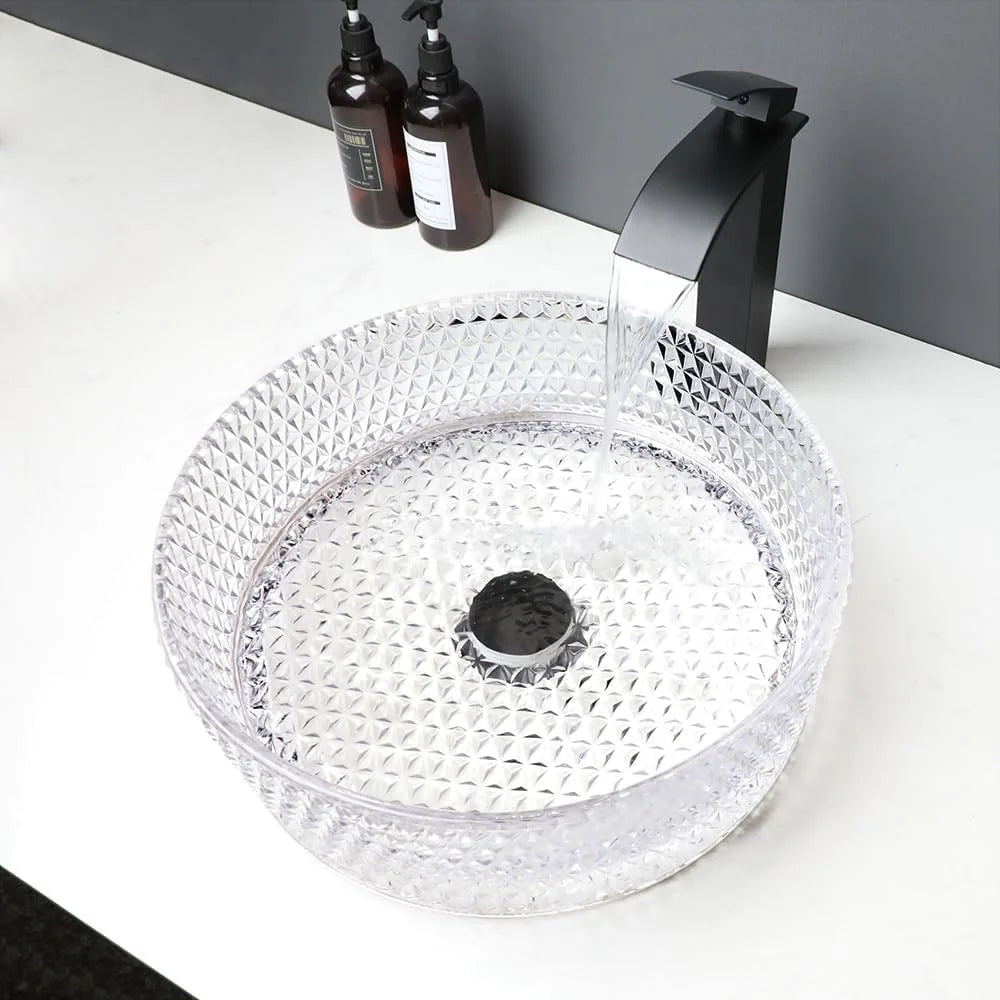 KEMAIDI 16 Inch Crystal Bathroom Vessel Sink with Faucet Clear Tempered Glass Vessel Sink Above Counter Sink Bowl Art Basin