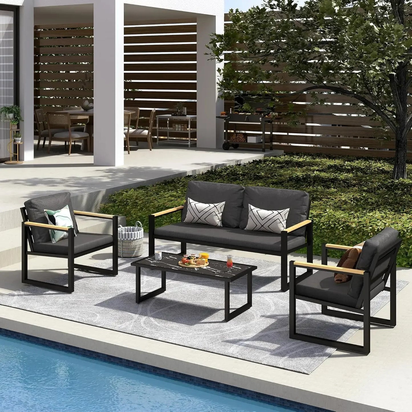 4-Piece Patio Furniture Set, Outdoor Aluminum Conversation Sofa Sets with Coffee Table & Cushions Chairs - Perfect for Garden