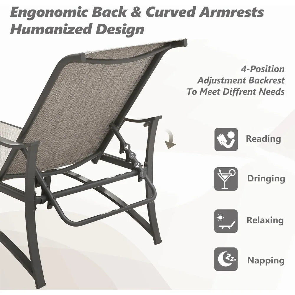 3 Pcs Chaise Lounge Set of 2 Patio Chairs with Adjustable Backrest in 4 Reclining Levels and 1 Metal Bistro Table with Tempered