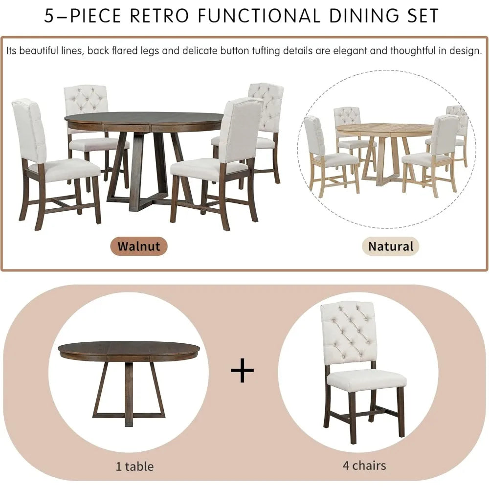 5-Piece Round Dining Table Set, Mid Century Modern Round Dining Table for 4-6 Person, Round Dinner Table with 4 Upholstered