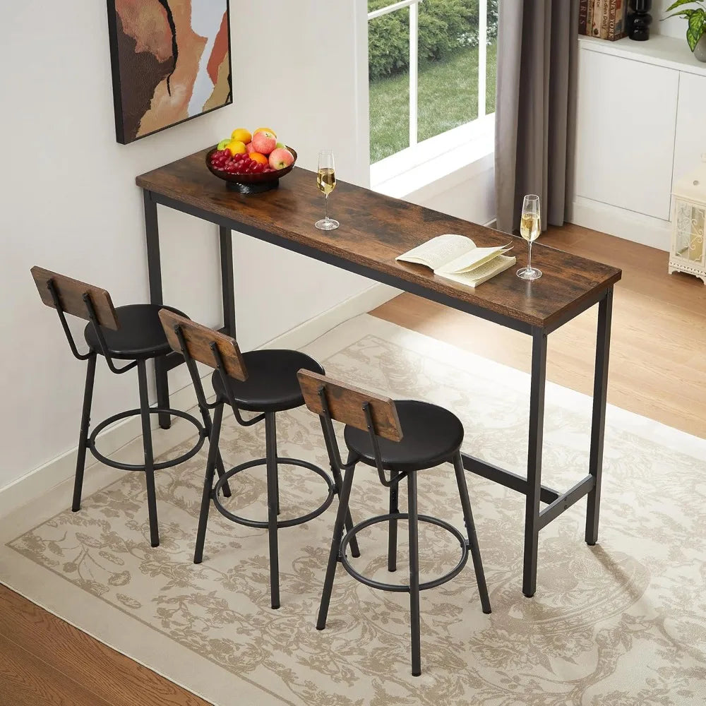 63" L Bar Table and Chairs Set for 3, 4 Piece Long Rectangle Pub Bistro Table with 3 PU Upholstered Bar Stools, Counter Height D