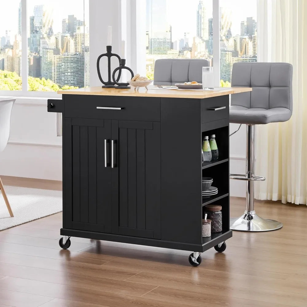 Rolling Kitchen Island Cart with Drop Leaf, Portable Rubberwood Breakfast Bar with Storage Cabinet, Open Shelves & Detachable T