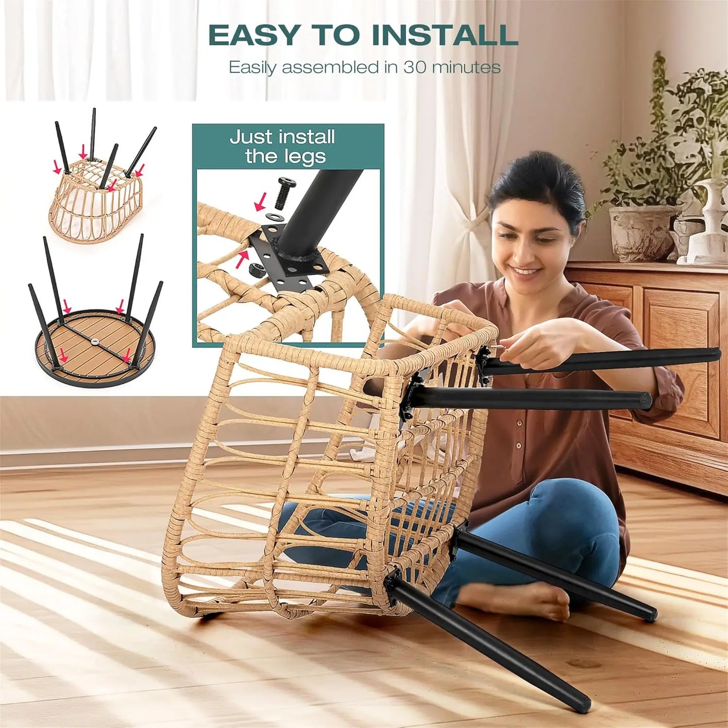 5 Pieces Patio Dining Set, All-Weather PE Rattan Patio Furniture Set with Wood Table Top, Outdoor Table and Chairs