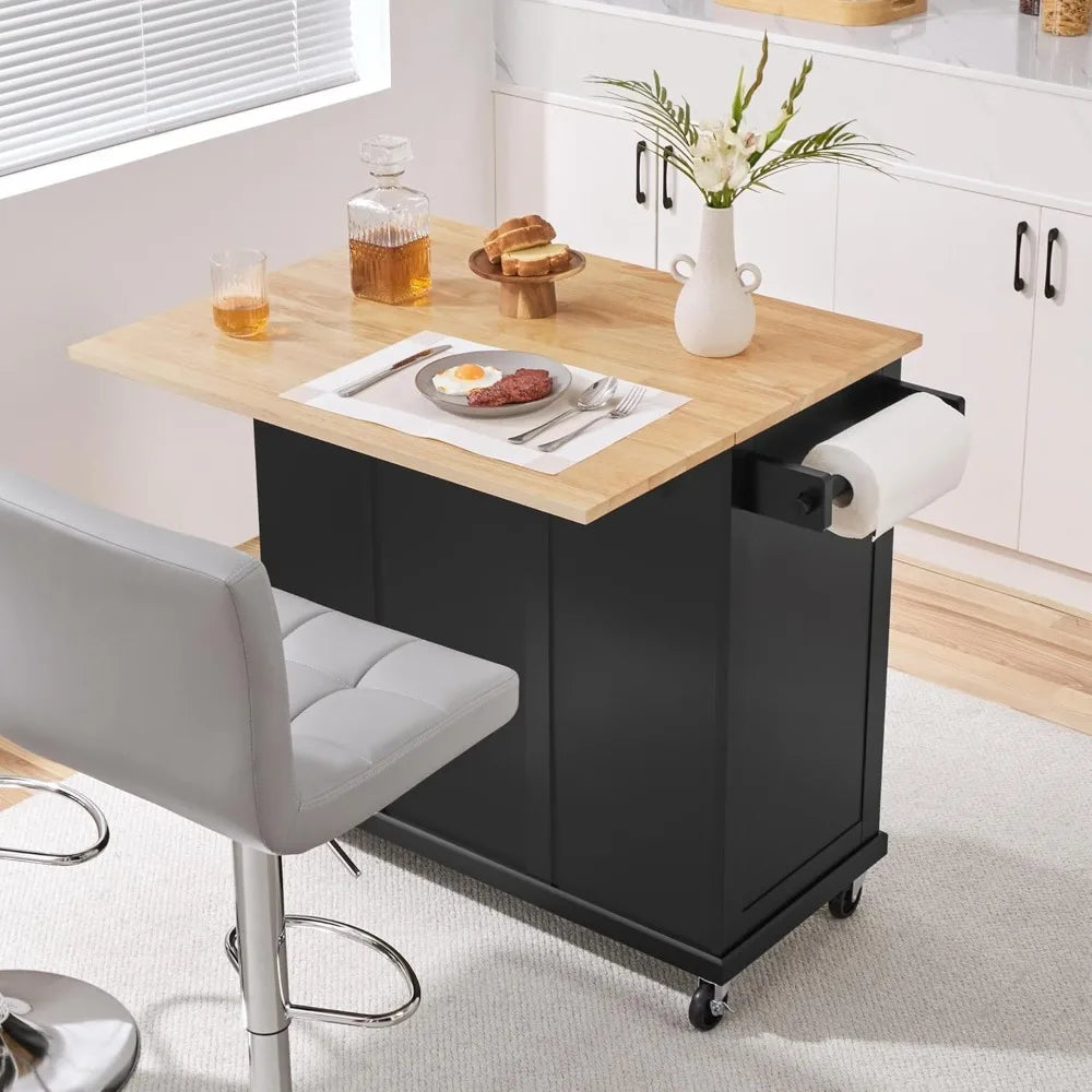 Rolling Kitchen Island Cart with Drop Leaf, Portable Rubberwood Breakfast Bar with Storage Cabinet, Open Shelves & Detachable T