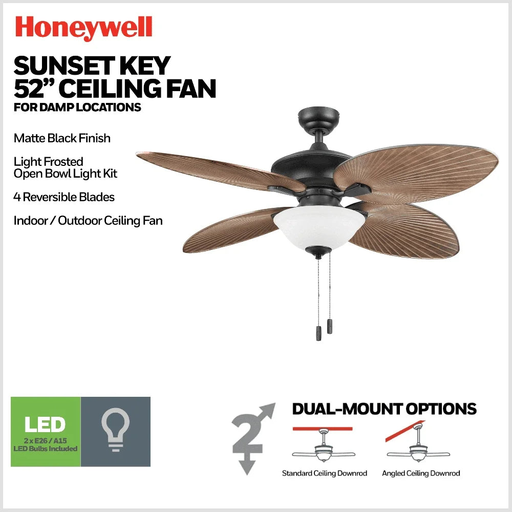52 Inch Indoor Outdoor Ceiling Fan with Light Pull Chains Reversible Motor Dimmable Frosted Glass Bowl Efficient Air Circulation