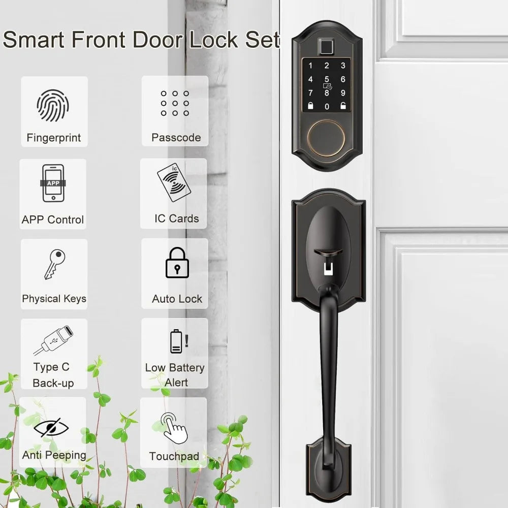 Smart Locks for Front Door, Keyless Entry Door Lock Deadbolt with Handle Set, Front Door Lockset, APP Control, Fingerprint Door