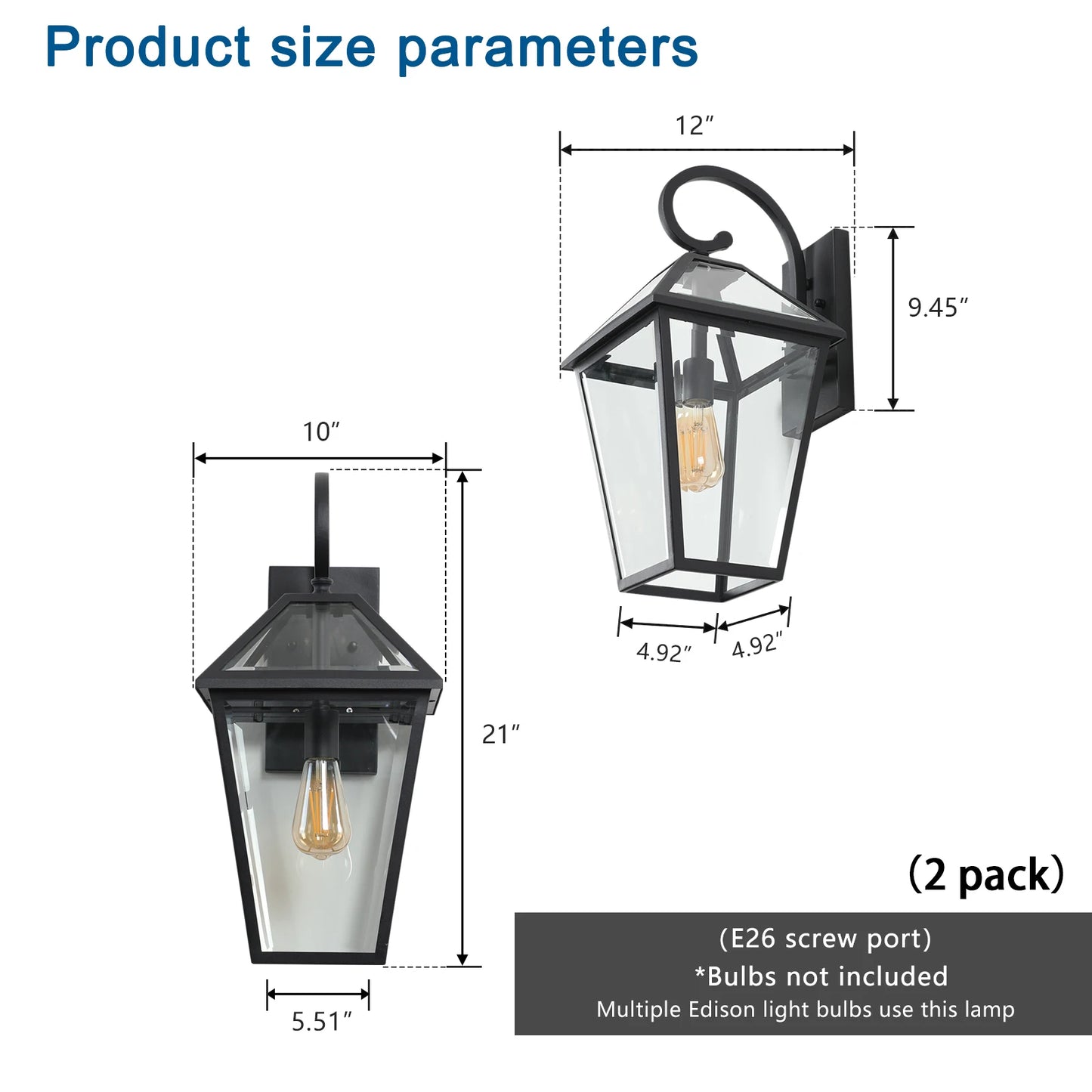 Outdoor wall light, classic black decorative outdoor light with transparent glass panel, external lighting equipment(2 pack)