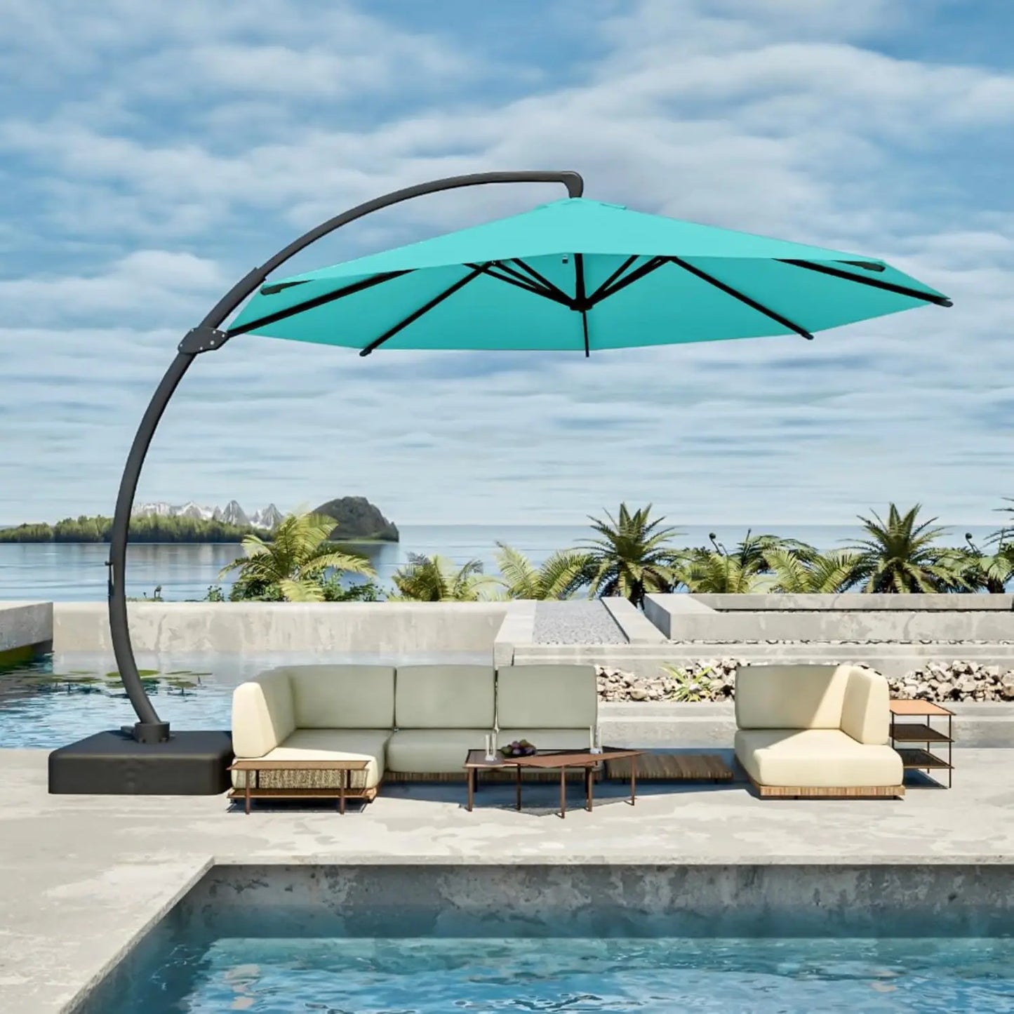 11FT Cantilever Umbrella with Base Large Curvy Outdoor Aluminum Offset Umbrella w/ 360° Rotation, UV Resistant Canopy for Patio