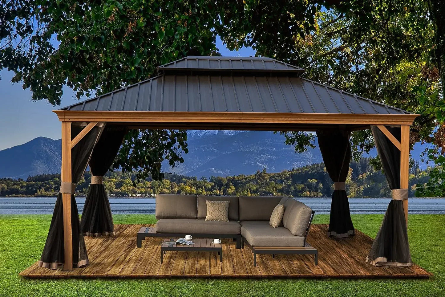 12’x12’ Hardtop Gazebo, Outdoor Permanent Metal Pavilion with Netting for Patio, Deck and Lawn (12ft x 12ft)