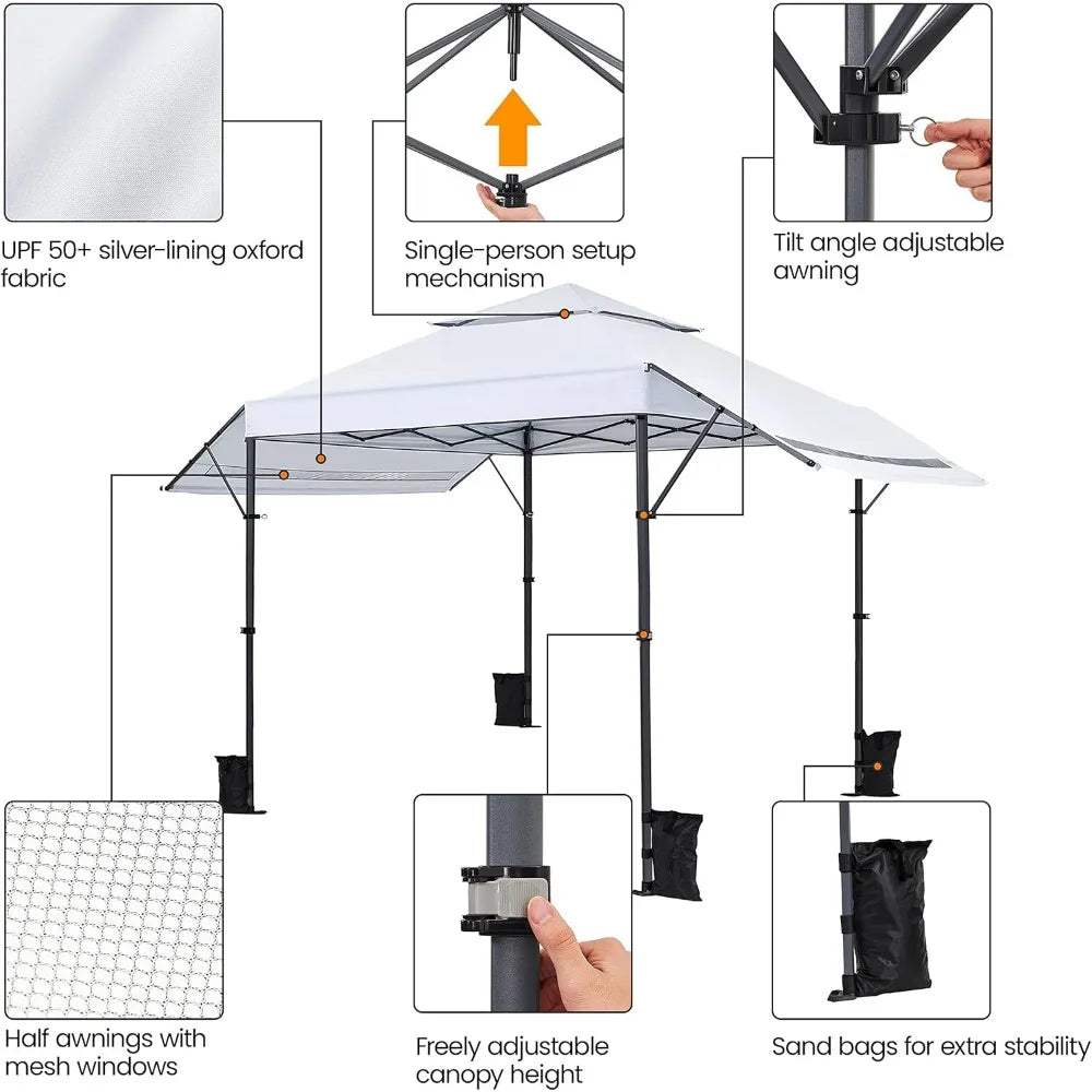 10x17ft Pop Up Canopy with Awnings, 2-Tier Outdoor Canopy Tent, Heavy Duty Instant Shelter with Ventilation, Adjustable Dual Ha