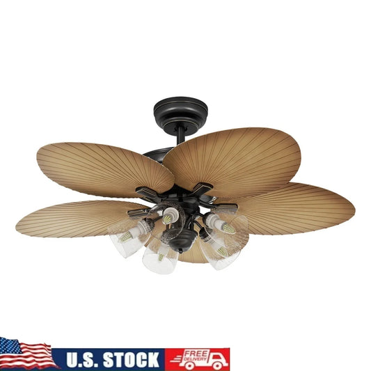 52 Inch Tropical Ceiling Fan with Light Remote Control 3 Speed Silent Motor 5 Palm Leaf Blades Timer Function Indoor Use