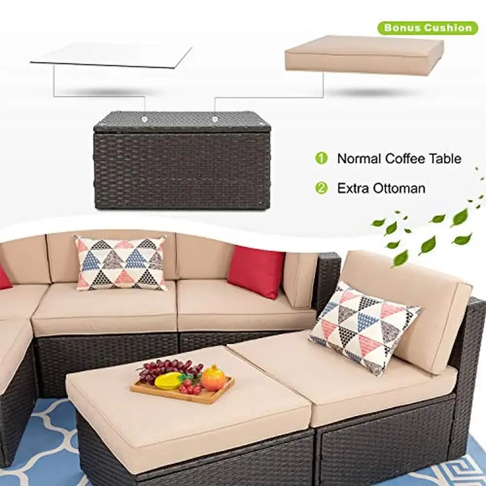 Outdoor Patio Furniture Set Wicker Rattan Sectional Sofa Glass Coffee Table Beige Cushions Gift Seat