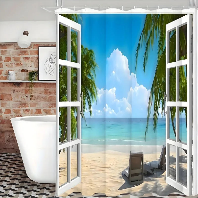 Shower Curtain, Palm Tree Decor Ocean Beach Seascape Through White Wooden Windows