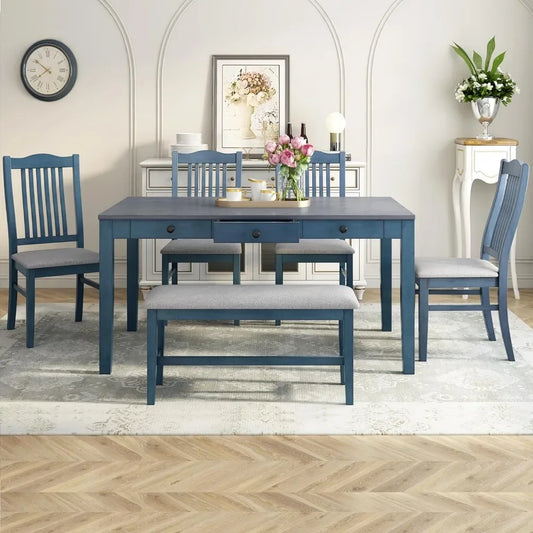 6 Piece Kitchen Table Set with Bench and Chairs Farmhouse Solid Wood Dining Room Table Set with Drawers and Upholstered Seating
