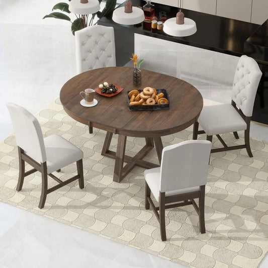 5-Piece Round Dining Table Set, Mid Century Modern Round Dining Table for 4-6 Person, Round Dinner Table with 4 Upholstered