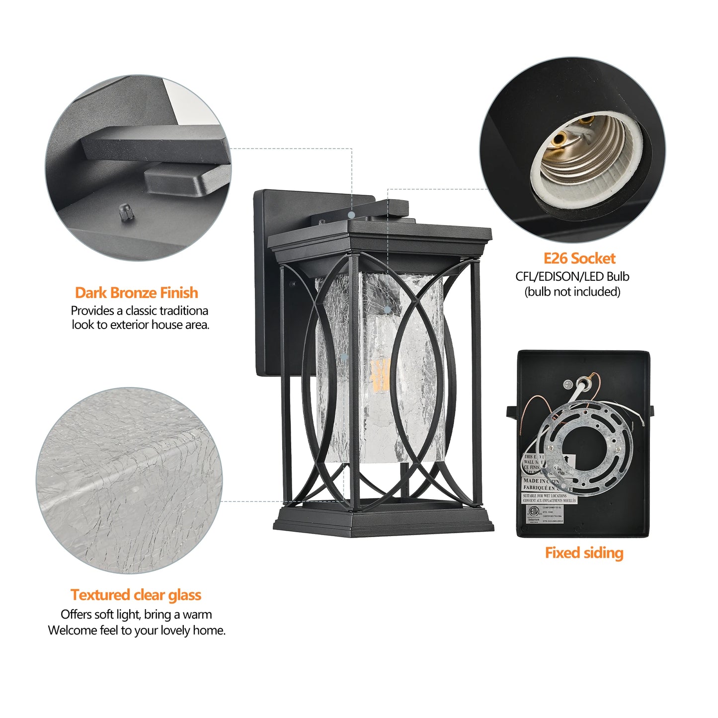 Black Outdoor Wall Lantern with Crackled Glass,Weather-Resistant Exterior,Modern Decorative Wall Sconce with E26 Base (No Bulb)