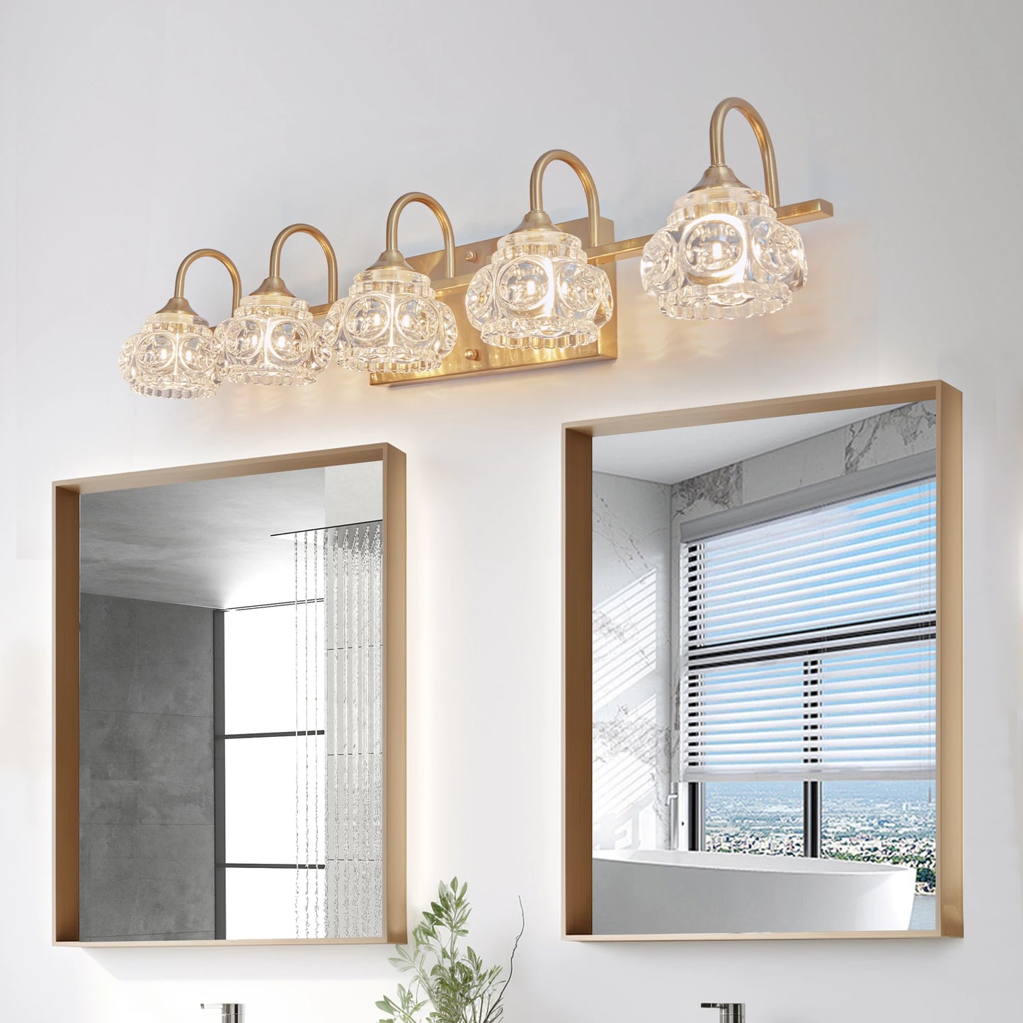 Modern Crystal Bathroom Vanity Light, 5-Light Golden Wall Sconce with Clear Glass Shade, Elegant Wall Mount Lighting(No Bulbs)