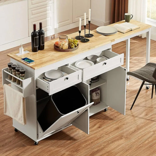 Kitchen Islands with Extendable Dining Table, 81.7" Mobile Kitchen Storage Islands, Rolling Kitchen Cart with Trash Cabinet, Pow