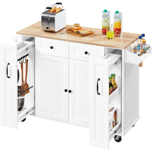 52"W Kitchen Island with Drop-Leaf Breakfast Bar and 2 Pull-outs, Kitchen Cart on Lockable Wheels with Rubberwood Top & 2 Drawe