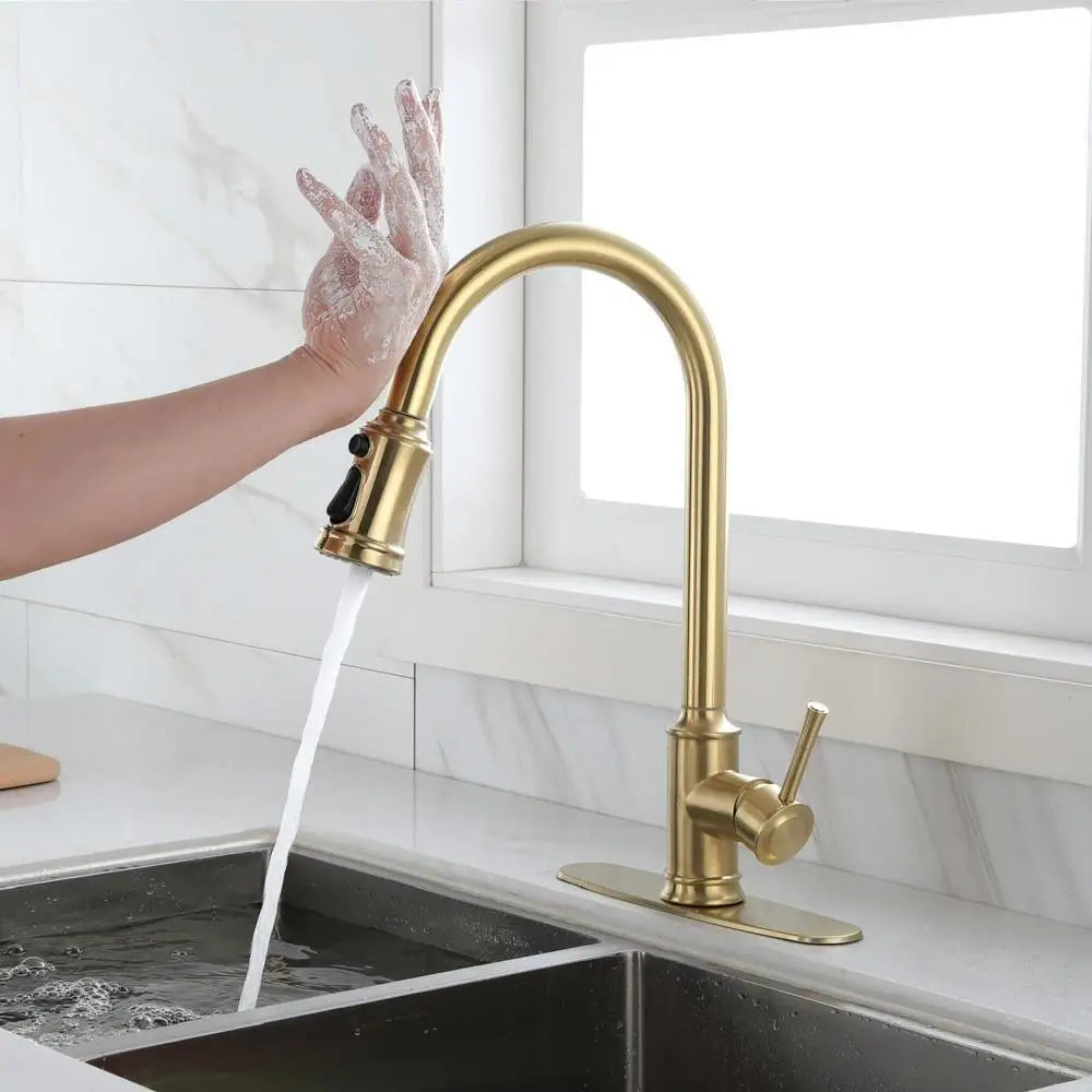 Surface-Mounted Touch Single Hole Kitchen Faucet with Pull Down Sprayer Gold