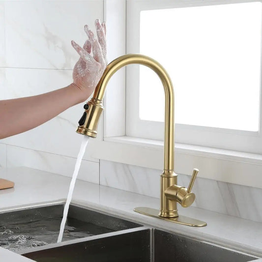 Surface-Mounted Touch Single Hole Kitchen Faucet with Pull Down Sprayer Gold