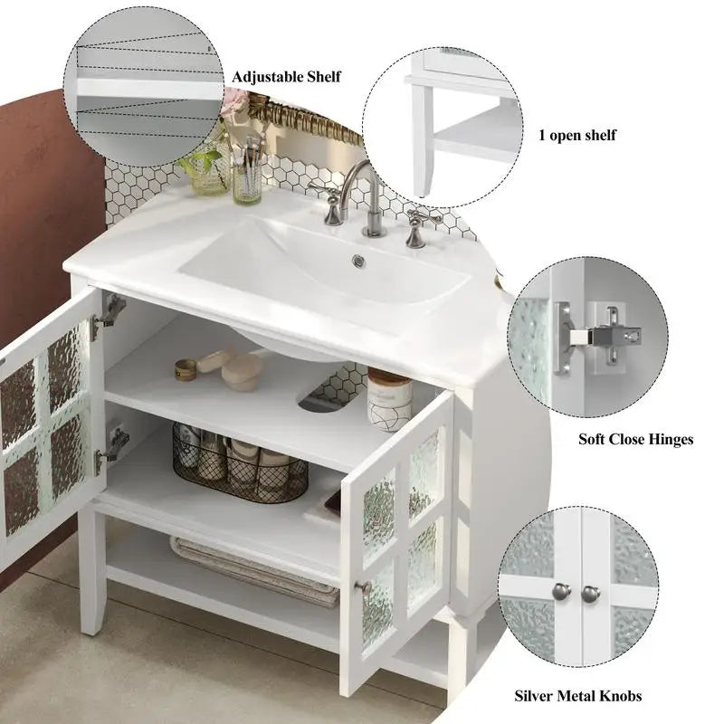 36" Bathroom Vanity with Ceramic Sink and Adjustable Open Shelf, Solid Wood Legs, Waterproof Finish, Silver Knobs, Soft Close