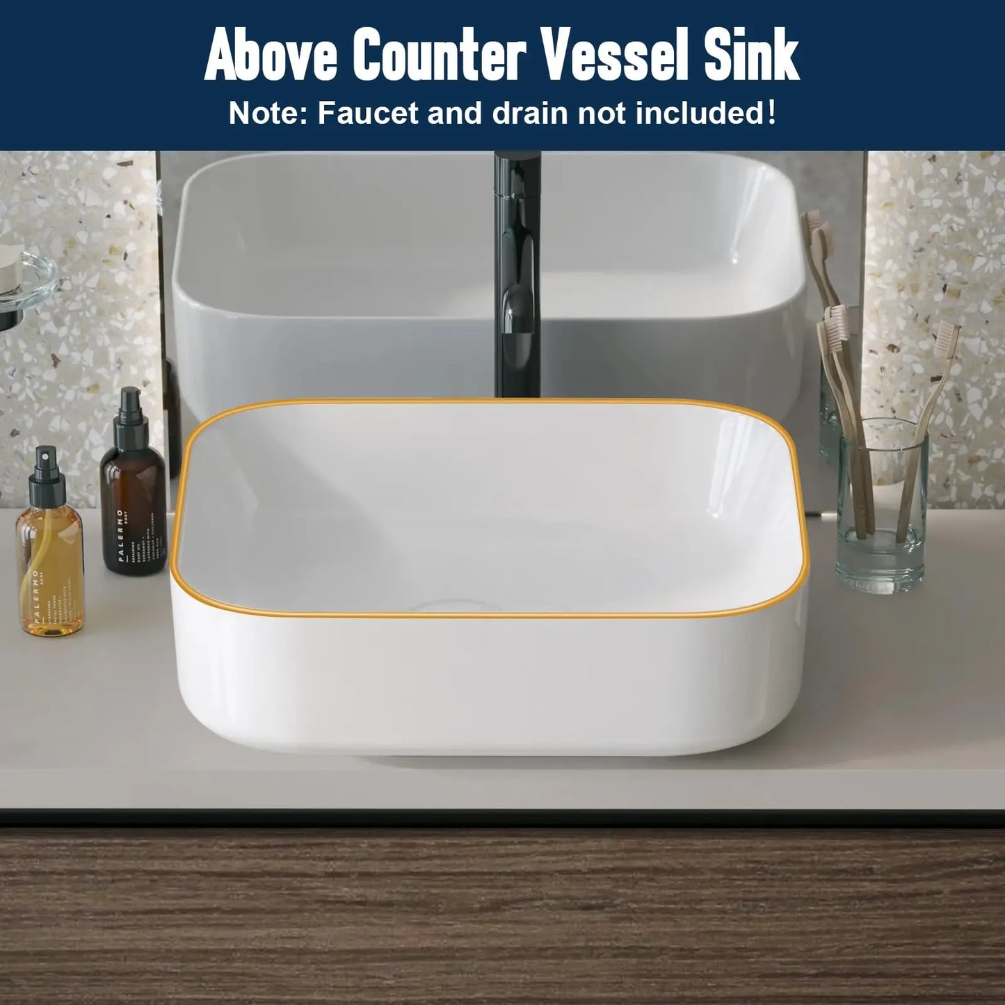 Ceramic Bathroom Sink Rectangular 20 X 16 Inch White Elegant Modern Style Gold Rim Vessel Sink Above Counter, Without Faucet